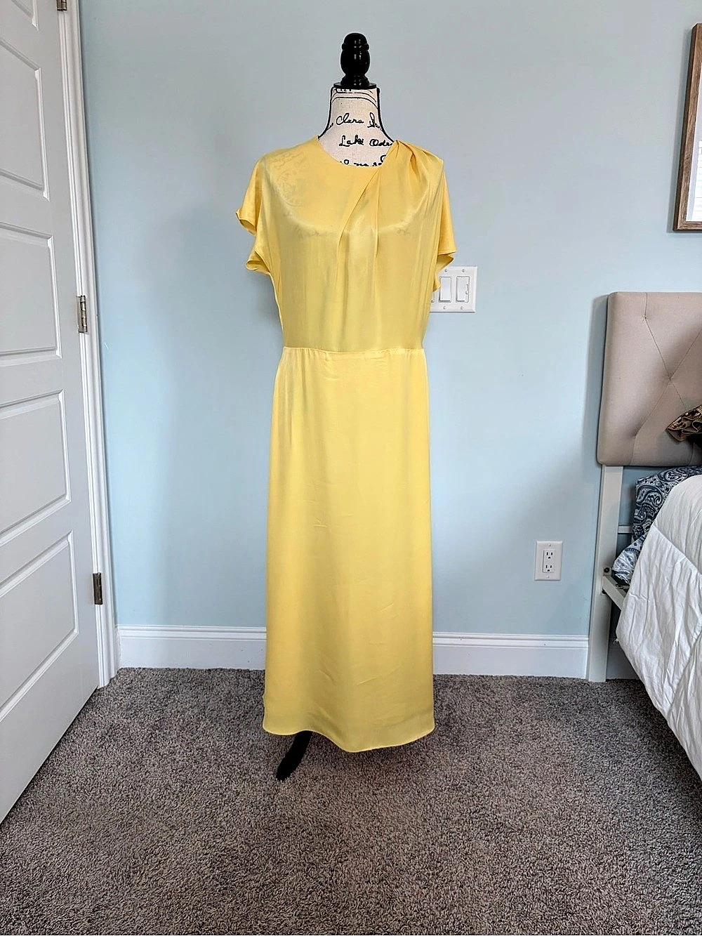 Pearl by Lela Rose Satin Crepe Draped Midi Dress Draped Midi Dress in Yellow